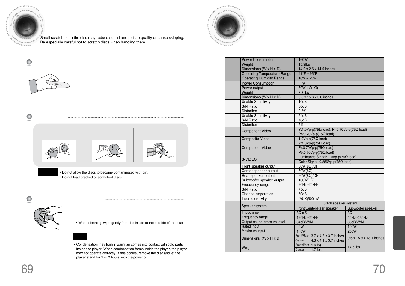 Cautions on handling and storing discs, Specifications, 70 specifications 69 | Samsung HT-DB390 User Manual | Page 36 / 37