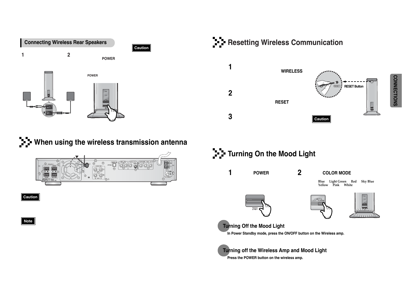 Resetting wireless communication, Turning on the mood light, When using the wireless transmission antenna | Samsung HT-DB390 User Manual | Page 8 / 37