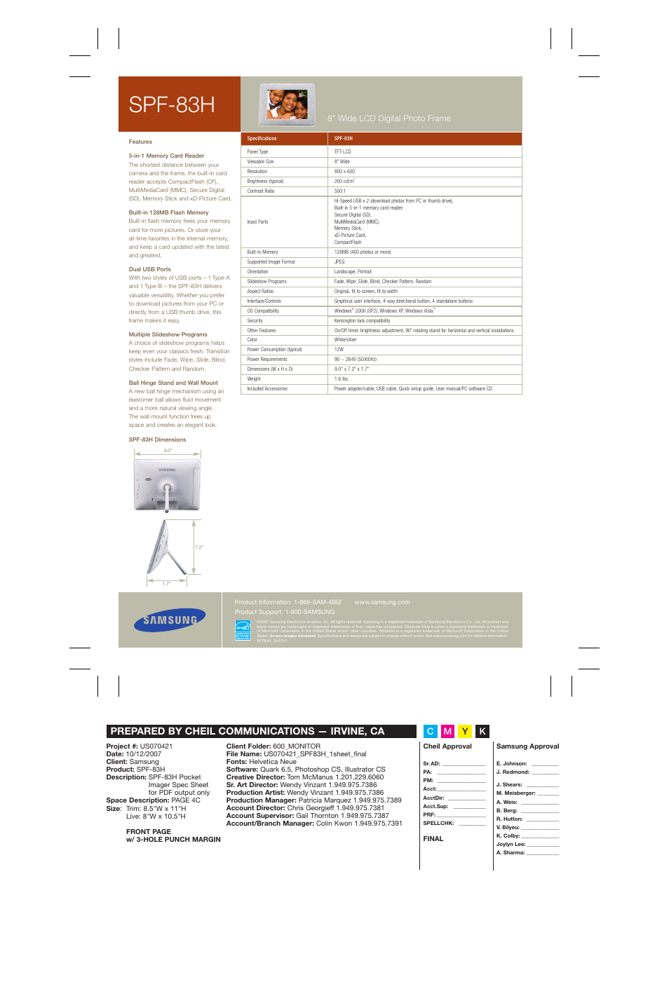 Spf-83h, Prepared by cheil communications — irvine, ca, Cm y k | 8" wide lcd digital photo frame | Samsung SPF-83H User Manual | Page 2 / 2