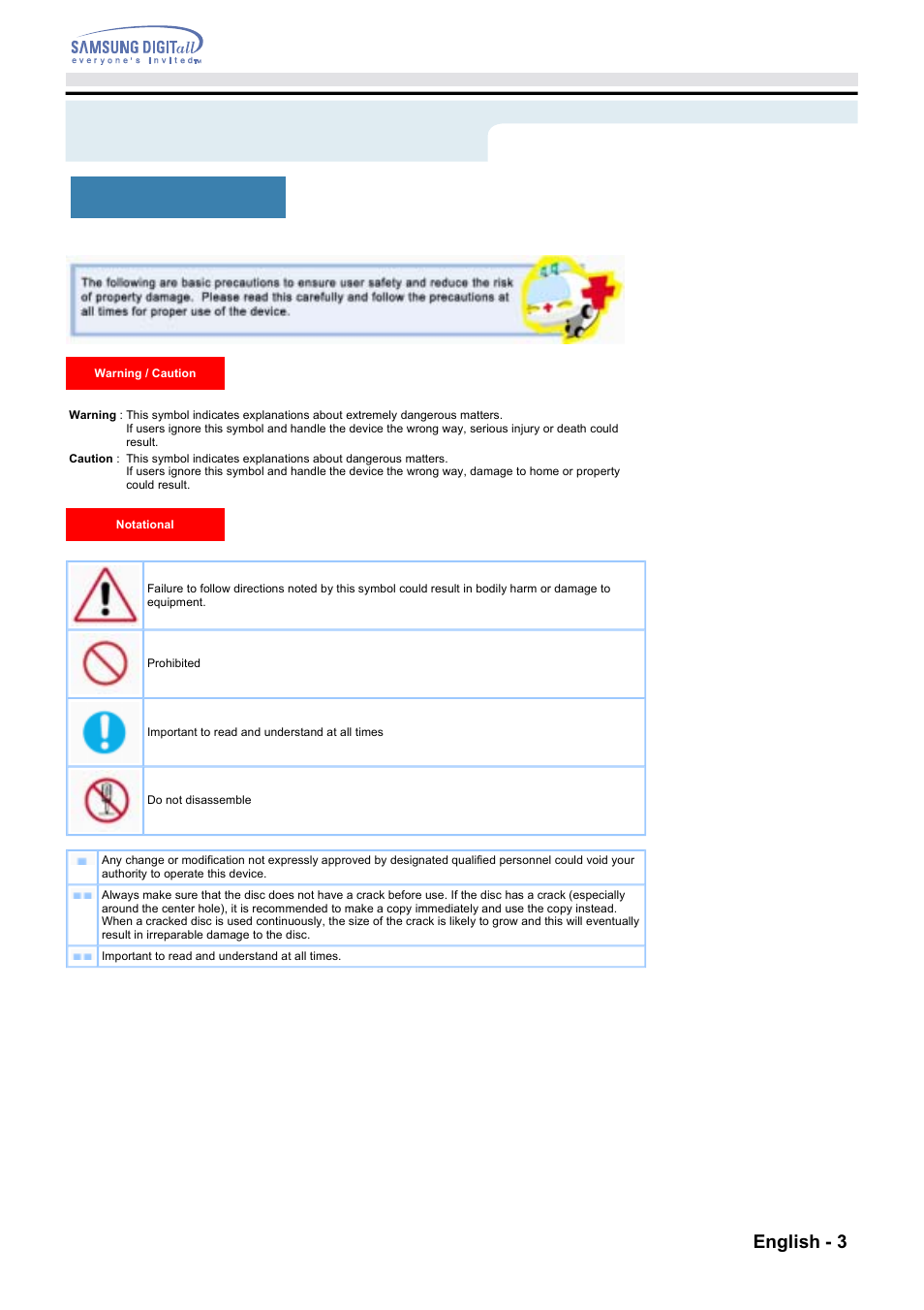 Safety precautions, Notational english - 3 | Samsung CD Player User Manual | Page 2 / 18