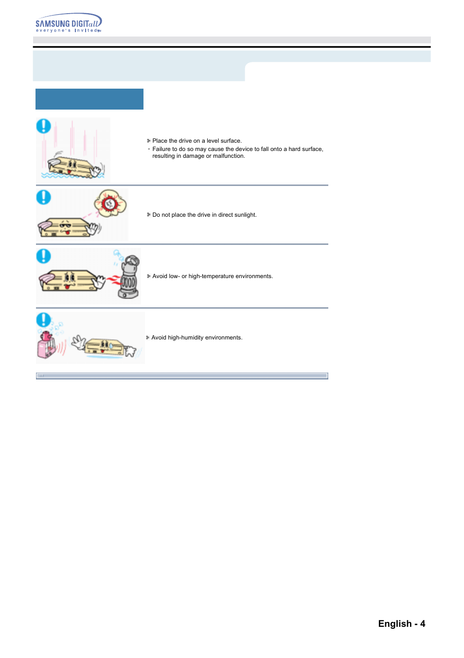 Safety precautions, Installation english - 4 | Samsung CD Player User Manual | Page 3 / 18