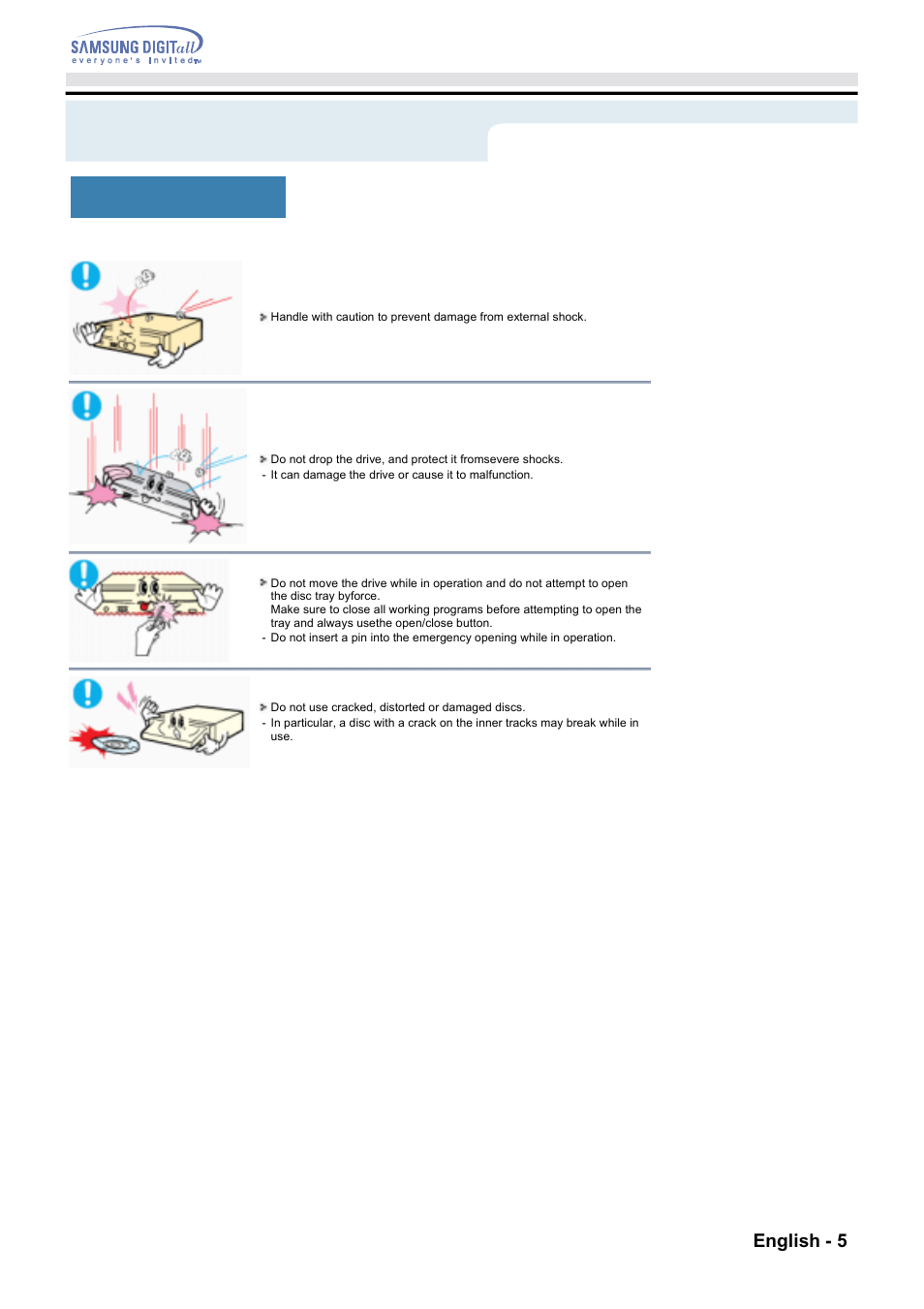 Safety precautions, While operating english - 5 | Samsung CD Player User Manual | Page 4 / 18