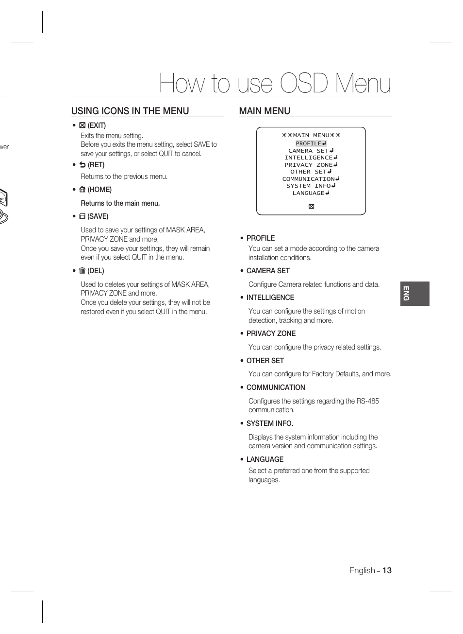How to use osd menu, Using icons in the menu, Main menu | Samsung SCC-B2333(P) User Manual | Page 13 / 32
