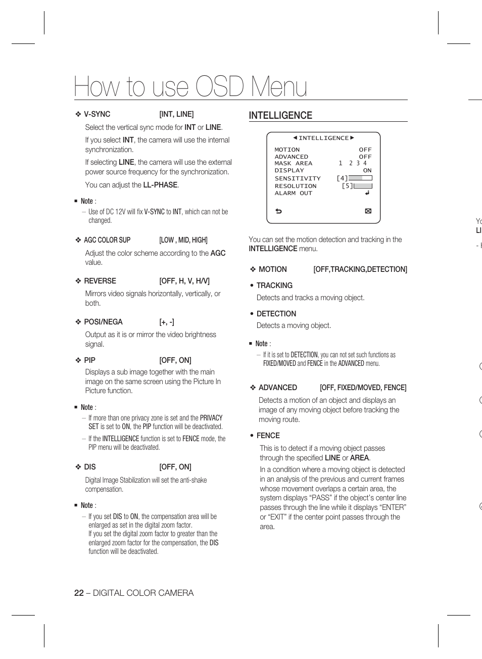 How to use osd menu, Intelligence | Samsung SCC-B2333(P) User Manual | Page 22 / 32