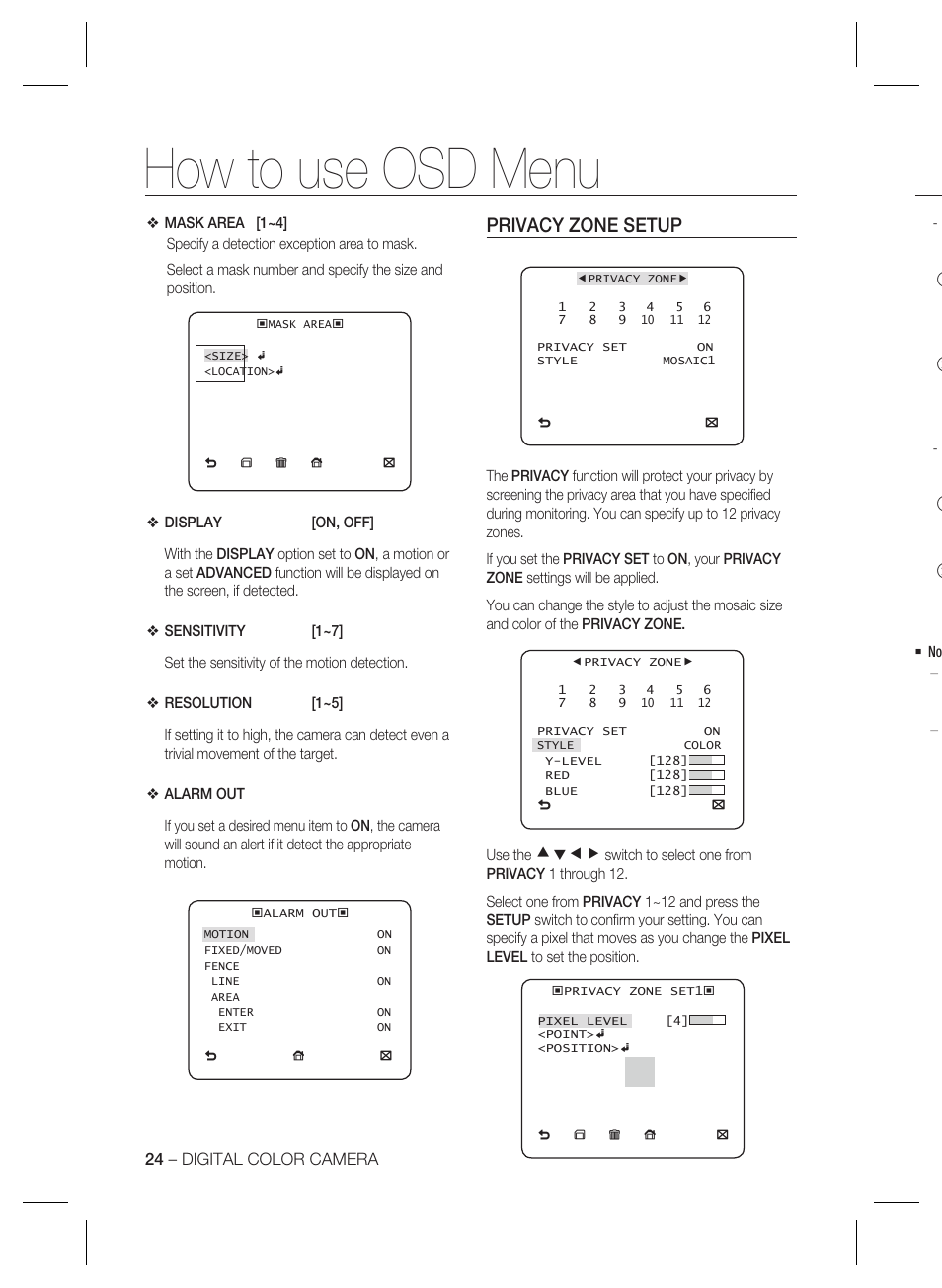 How to use osd menu, Privacy zone setup, Cdef | Samsung SCC-B2333(P) User Manual | Page 24 / 32