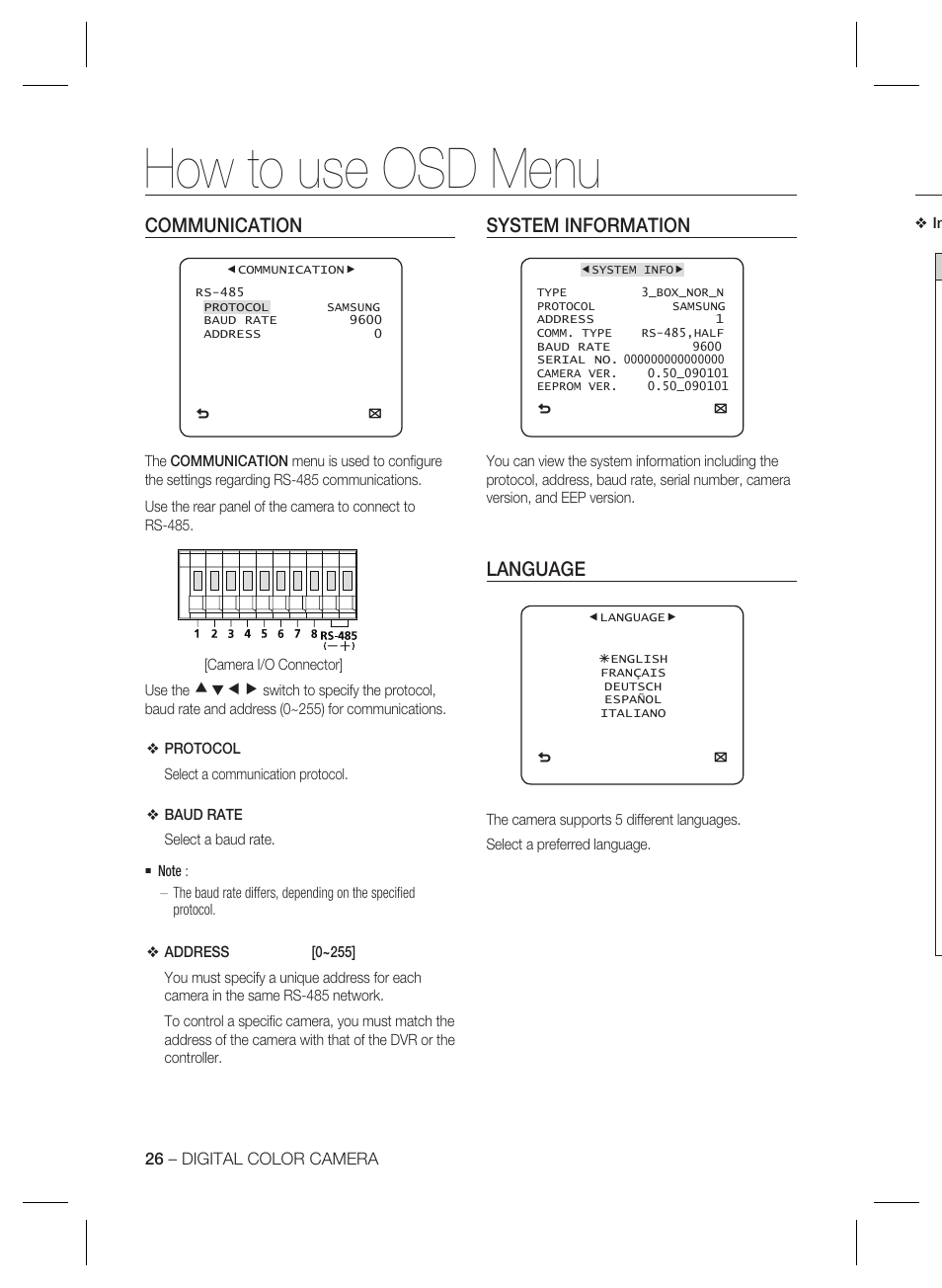 How to use osd menu, Communication, System information | Language, Cdef | Samsung SCC-B2333(P) User Manual | Page 26 / 32