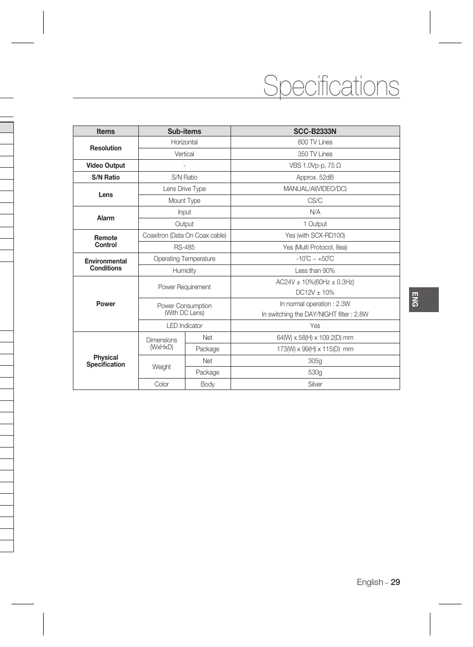 Speciﬁ cations | Samsung SCC-B2333(P) User Manual | Page 29 / 32