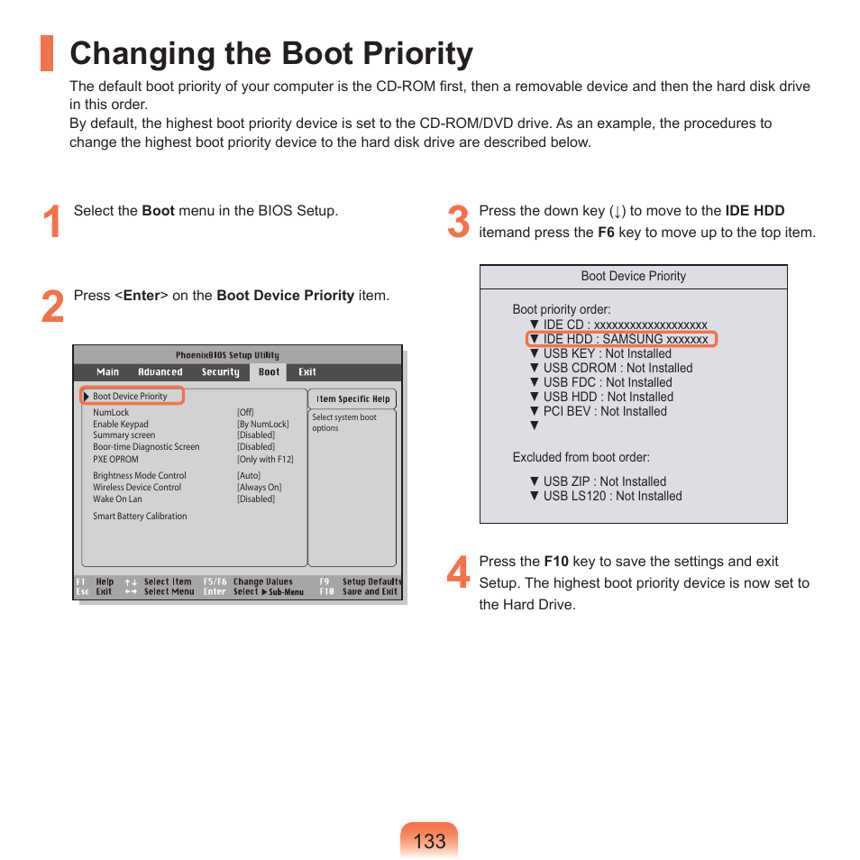 Changing the boot priority | Samsung X22 User Manual | Page 134 / 197