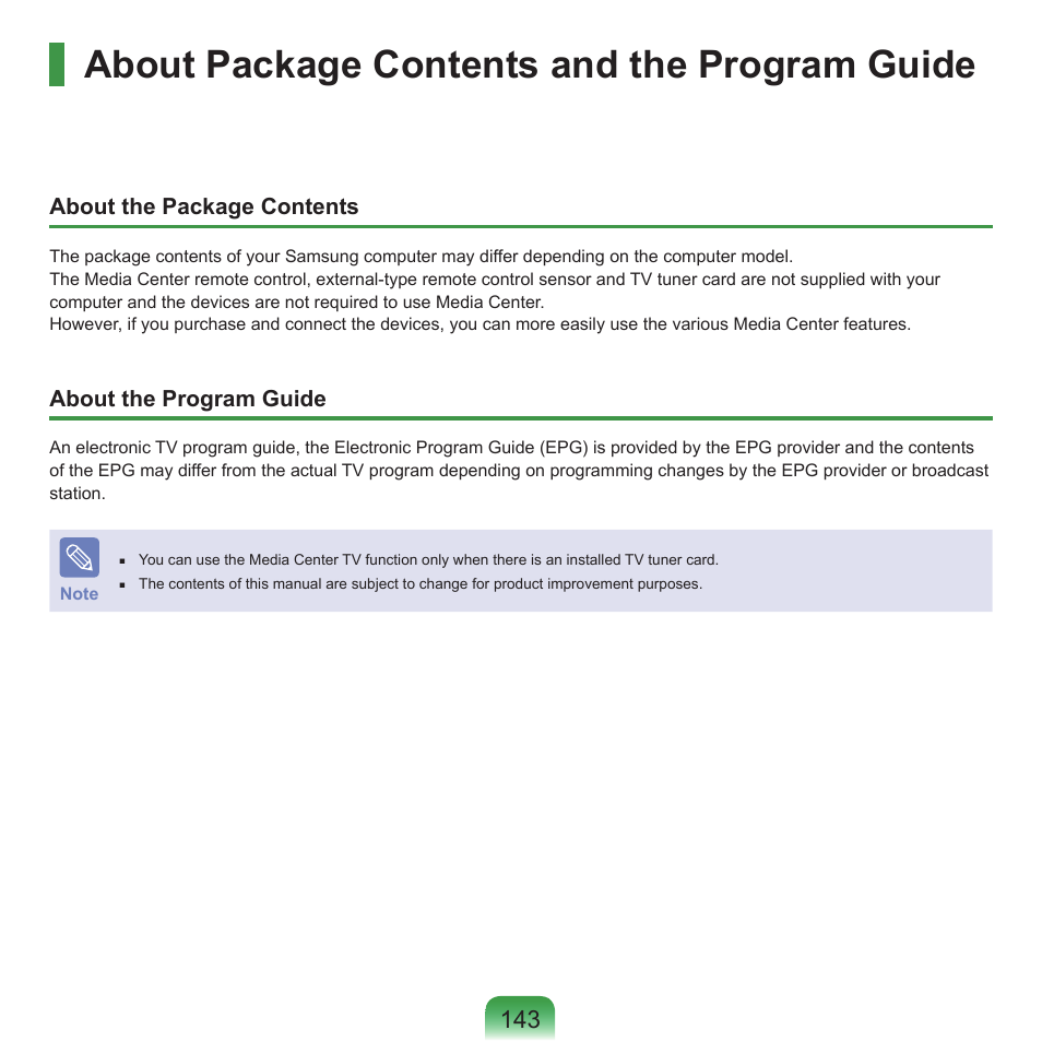 About package contents and the program guide | Samsung X22 User Manual | Page 144 / 197