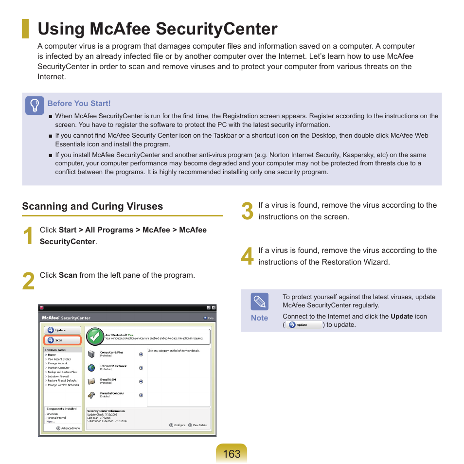 Using mcafee securitycenter | Samsung X22 User Manual | Page 164 / 197