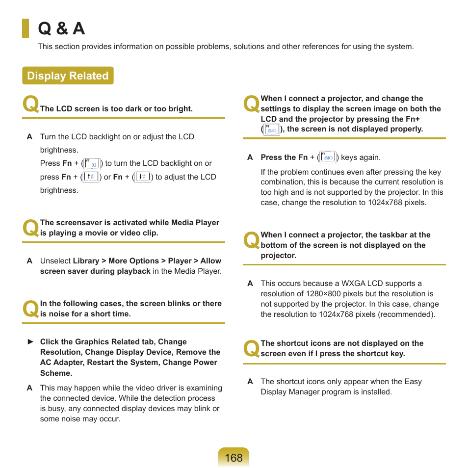 Q & a, Display related | Samsung X22 User Manual | Page 169 / 197