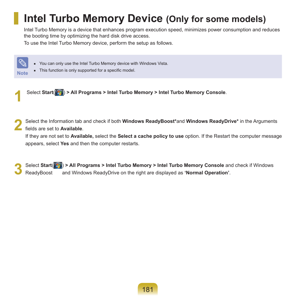 Intel turbo memory device (only for some models), Only for some models) | Samsung X22 User Manual | Page 182 / 197