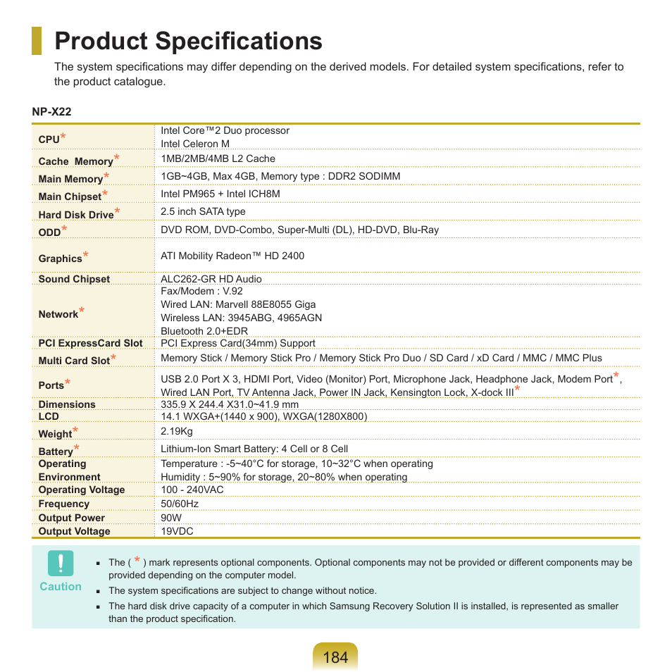 Product specifications | Samsung X22 User Manual | Page 185 / 197