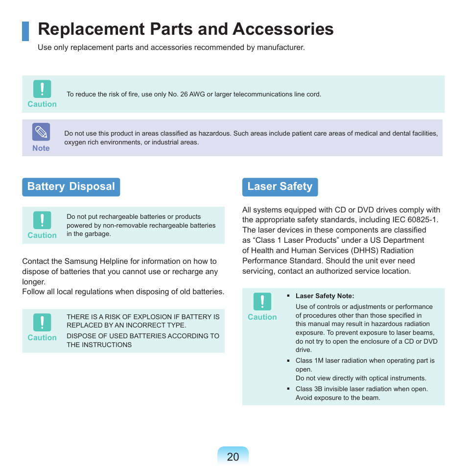 Replacement parts and accessories, Battery disposal, Laser safety | Samsung X22 User Manual | Page 21 / 197