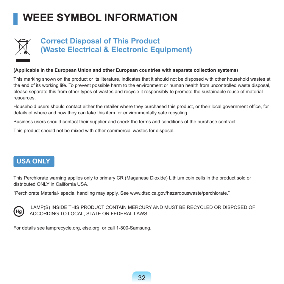 Weee symbol information | Samsung X22 User Manual | Page 33 / 197