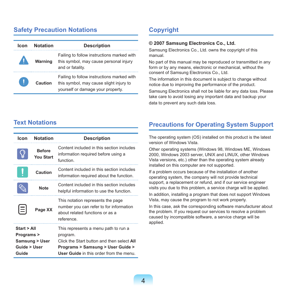 Safety precaution notations, Text notations, Copyright | Precautions for operating system support | Samsung X22 User Manual | Page 5 / 197