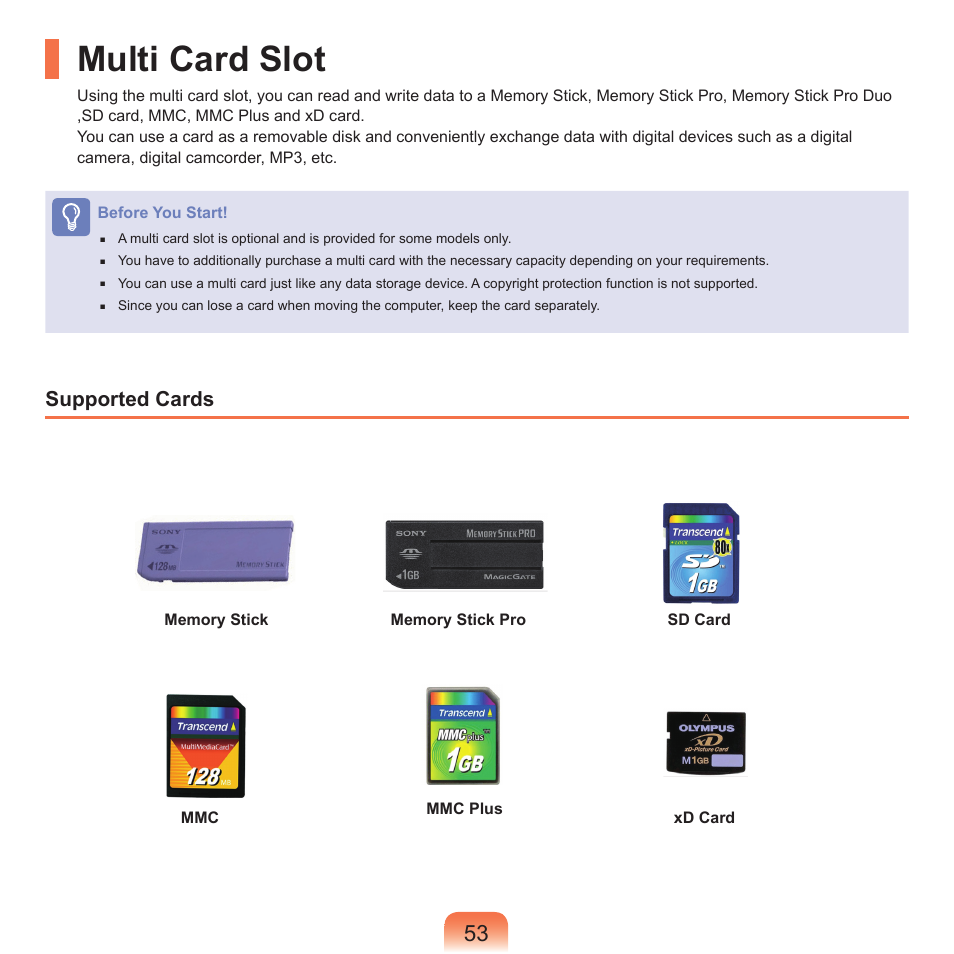 Multi card slot, Supported cards | Samsung X22 User Manual | Page 54 / 197