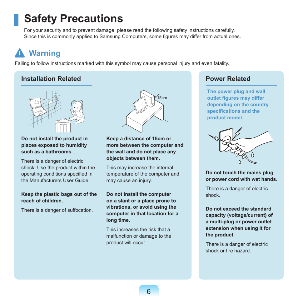 Safety precautions, Warning | Samsung X22 User Manual | Page 7 / 197