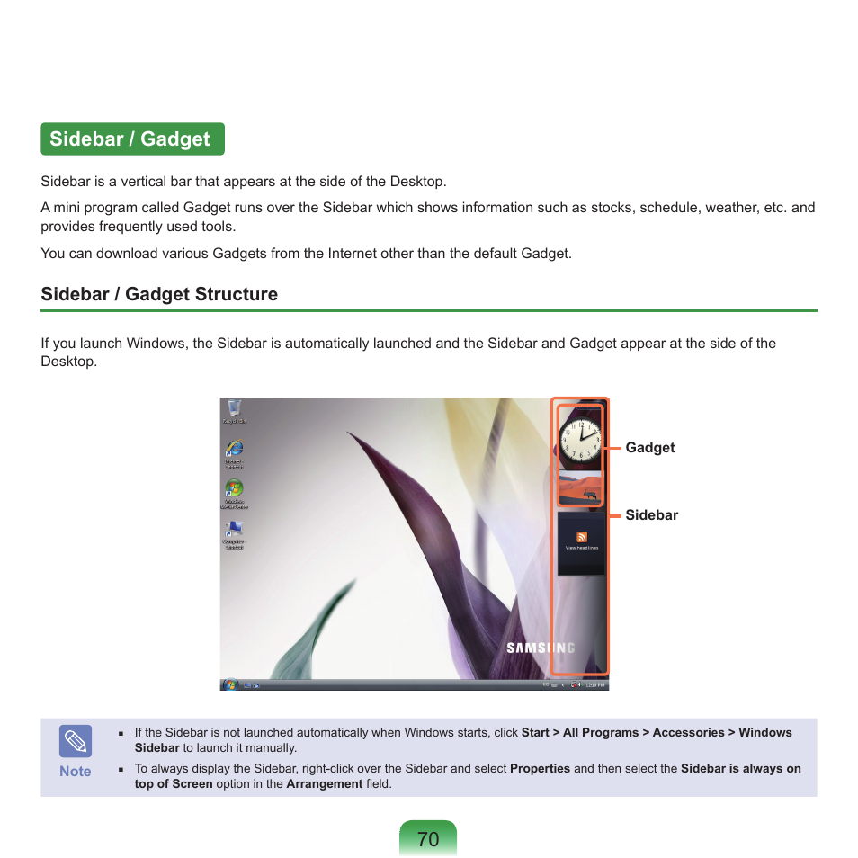 Sidebar / gadget, 70 sidebar / gadget, Sidebar / gadget structure | Samsung X22 User Manual | Page 71 / 197
