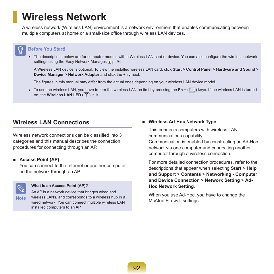 Wireless network, Wireless lan connections | Samsung X22 User Manual | Page 93 / 197