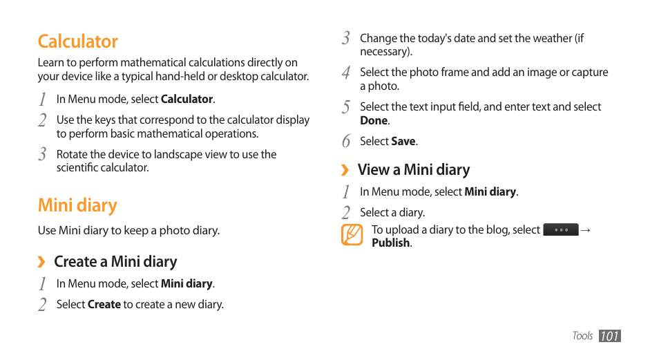 Calculator, Mini diary, Calculator mini diary | Samsung Wave GH68-28277A User Manual | Page 102 / 137