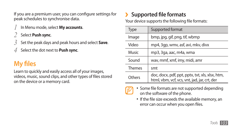 My files, Supported file formats | Samsung Wave GH68-28277A User Manual | Page 104 / 137