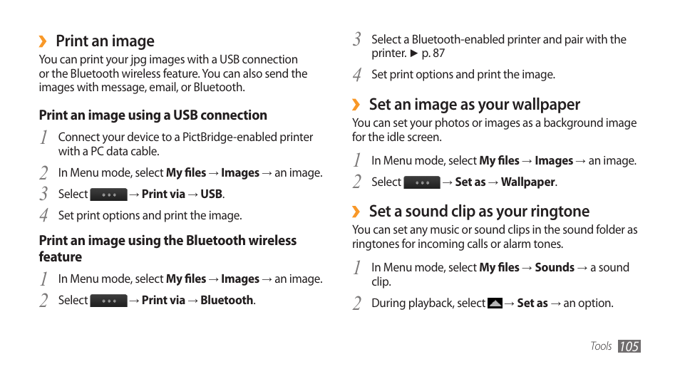 Set an image as your wallpaper, Set a sound clip as your ringtone, Print an image | Samsung Wave GH68-28277A User Manual | Page 106 / 137