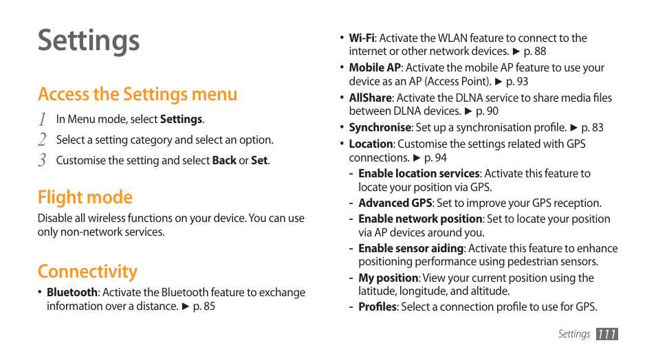 Settings, Access the settings menu, Flight mode | Connectivity, Access the settings menu flight mode connectivity | Samsung Wave GH68-28277A User Manual | Page 112 / 137