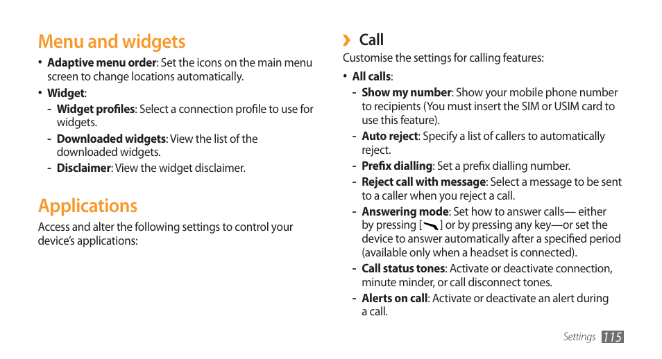 Menu and widgets, Applications, Call | Samsung Wave GH68-28277A User Manual | Page 116 / 137