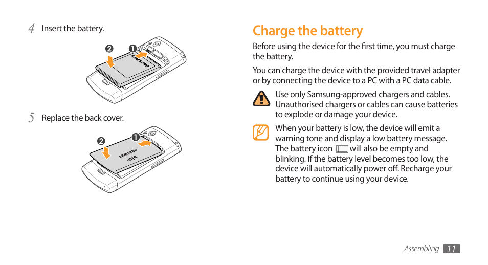 Charge the battery | Samsung Wave GH68-28277A User Manual | Page 12 / 137