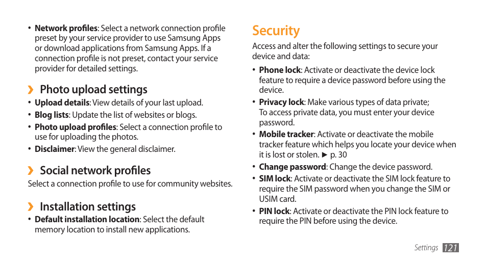 Security, Photo upload settings, Social network profiles | Installation settings | Samsung Wave GH68-28277A User Manual | Page 122 / 137