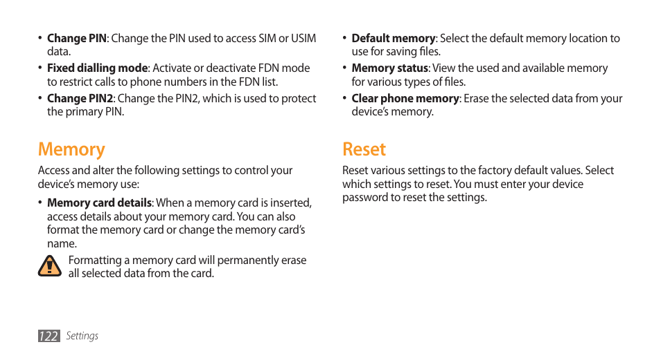 Memory, Reset, Memory reset | Samsung Wave GH68-28277A User Manual | Page 123 / 137