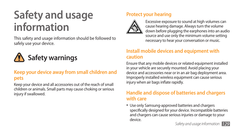 Safety and usage information, Safety warnings | Samsung Wave GH68-28277A User Manual | Page 130 / 137
