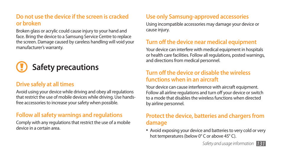 Safety precautions | Samsung Wave GH68-28277A User Manual | Page 132 / 137