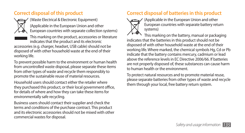 Correct disposal of batteries in this product, Correct disposal of this product | Samsung Wave GH68-28277A User Manual | Page 136 / 137