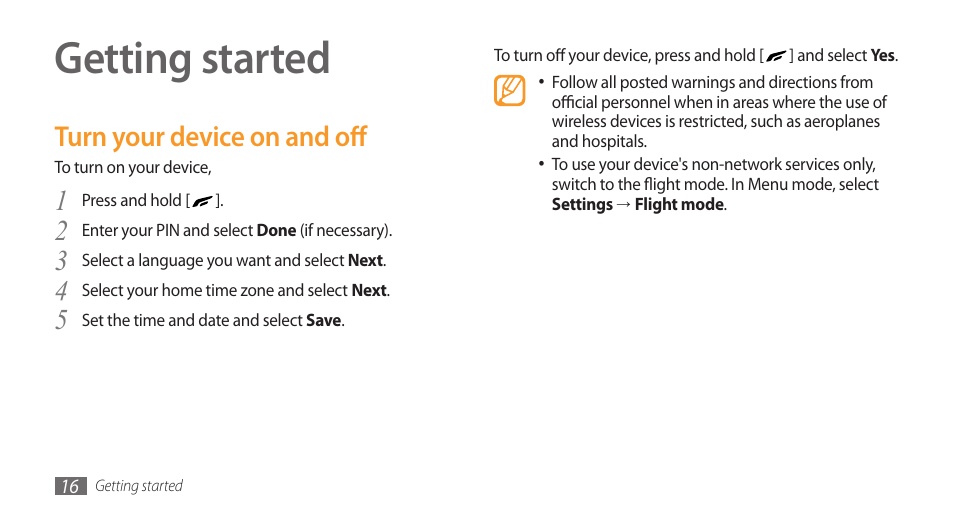 Getting started, Turn your device on and off | Samsung Wave GH68-28277A User Manual | Page 17 / 137