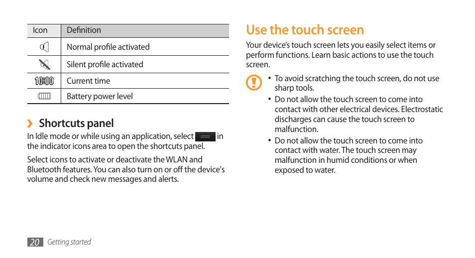 Use the touch screen, Shortcuts panel | Samsung Wave GH68-28277A User Manual | Page 21 / 137
