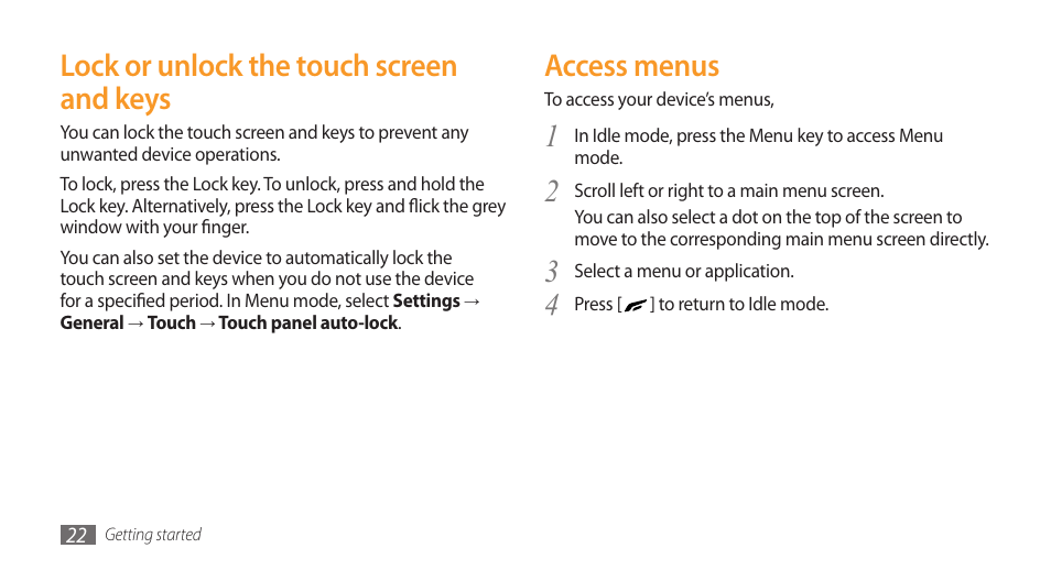 Lock or unlock the touch screen and keys, Access menus | Samsung Wave GH68-28277A User Manual | Page 23 / 137