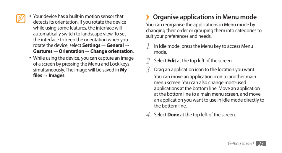 Organise applications in menu mode | Samsung Wave GH68-28277A User Manual | Page 24 / 137