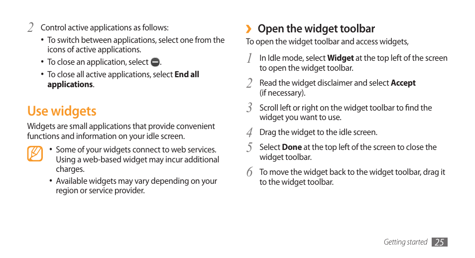 Use widgets | Samsung Wave GH68-28277A User Manual | Page 26 / 137