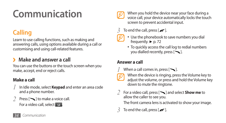 Communication, Calling | Samsung Wave GH68-28277A User Manual | Page 35 / 137