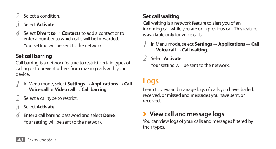 Logs, View call and message logs | Samsung Wave GH68-28277A User Manual | Page 41 / 137