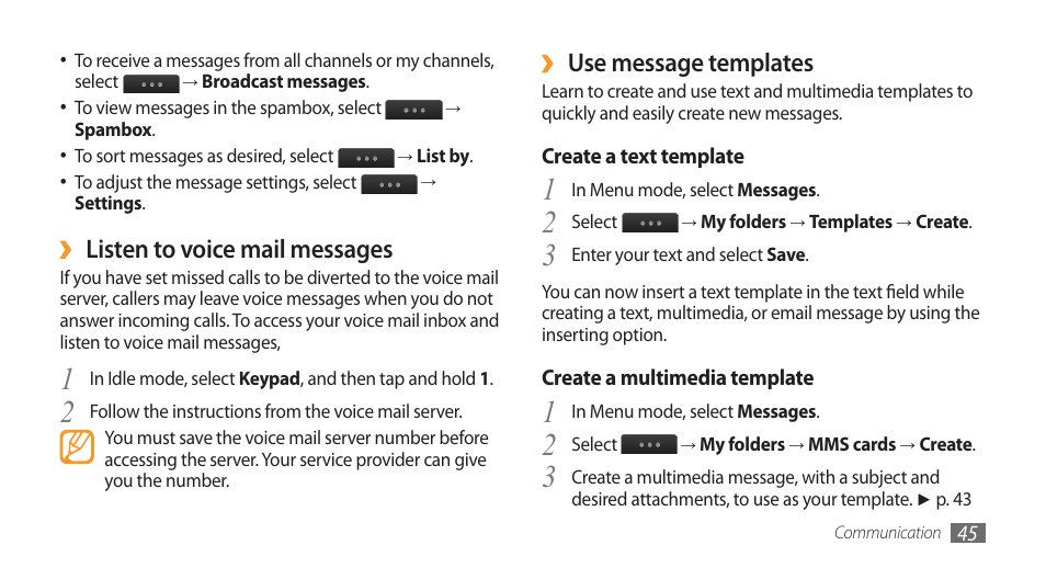 Use message templates, Listen to voice mail messages | Samsung Wave GH68-28277A User Manual | Page 46 / 137