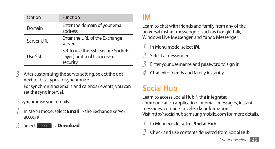 Social hub, Im social hub, 4social hub | Samsung Wave GH68-28277A User Manual | Page 50 / 137