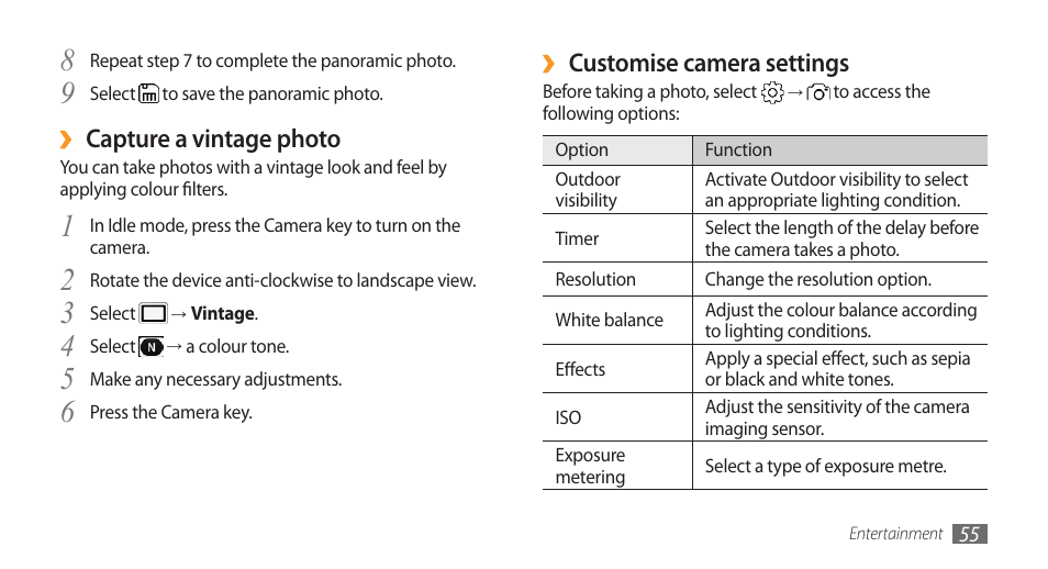 Customise camera settings, Capture a vintage photo | Samsung Wave GH68-28277A User Manual | Page 56 / 137