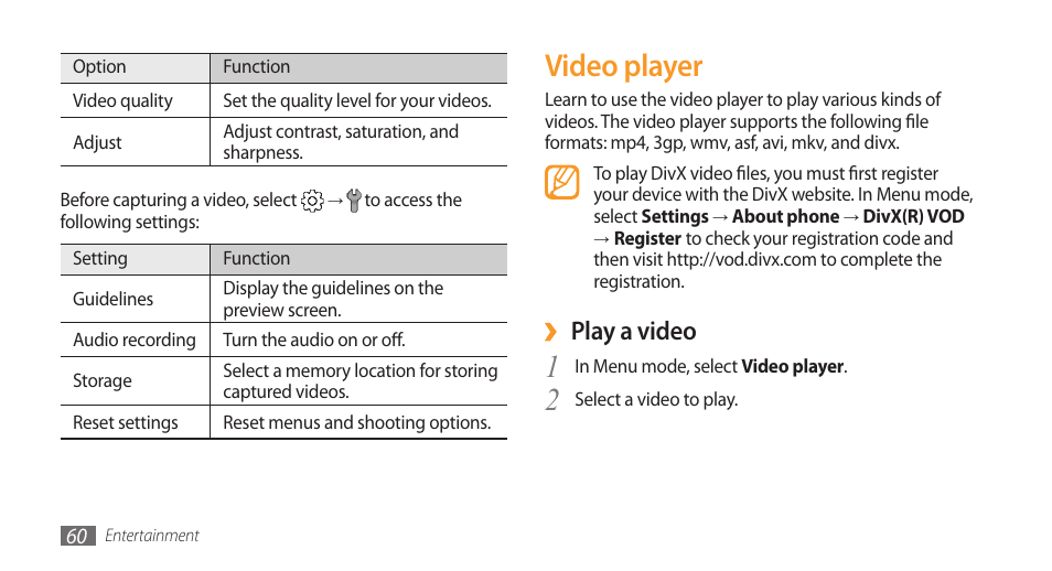 Video player, Play a video | Samsung Wave GH68-28277A User Manual | Page 61 / 137