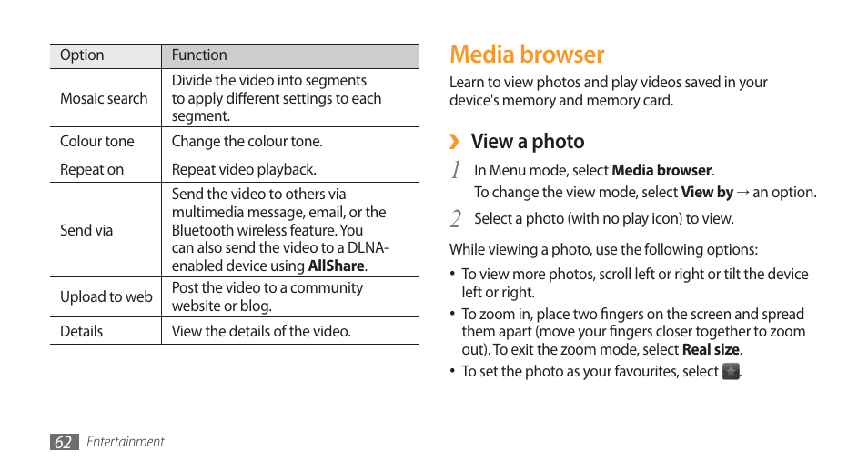 Media browser, View a photo | Samsung Wave GH68-28277A User Manual | Page 63 / 137
