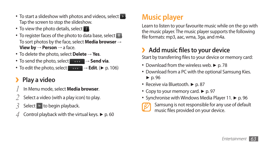 Music player, Add music files to your device, Play a video | Samsung Wave GH68-28277A User Manual | Page 64 / 137