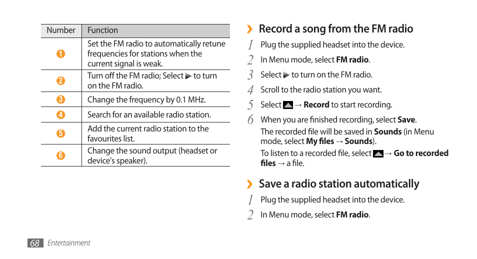 Record a song from the fm radio, Save a radio station automatically | Samsung Wave GH68-28277A User Manual | Page 69 / 137