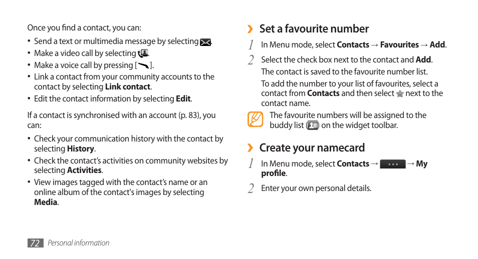 Set a favourite number, Create your namecard | Samsung Wave GH68-28277A User Manual | Page 73 / 137